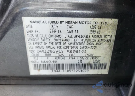 2006 Nissan Altima S from USA, damaged, VIN 1N4AL11D96C254029